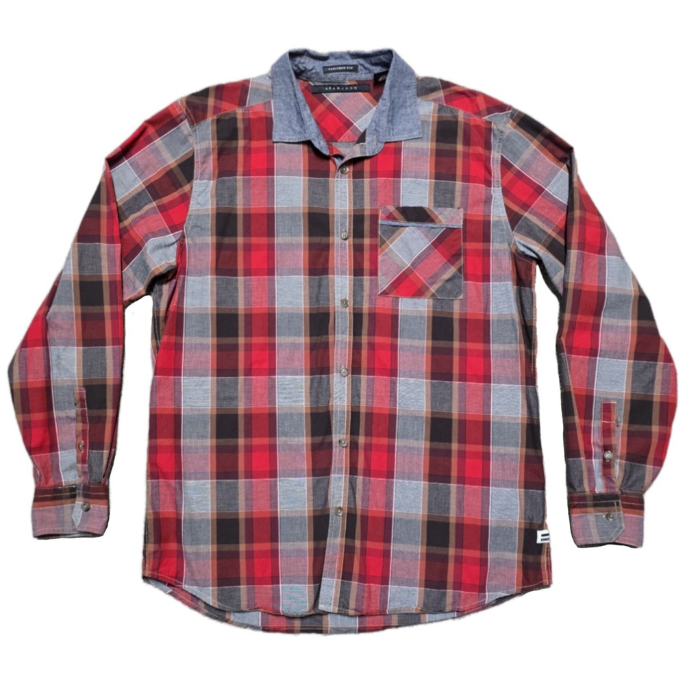 Vintage Sean John Shirt Men 2XL Plaid Contrast Denim Chambray Collar Y2K Hip Hop